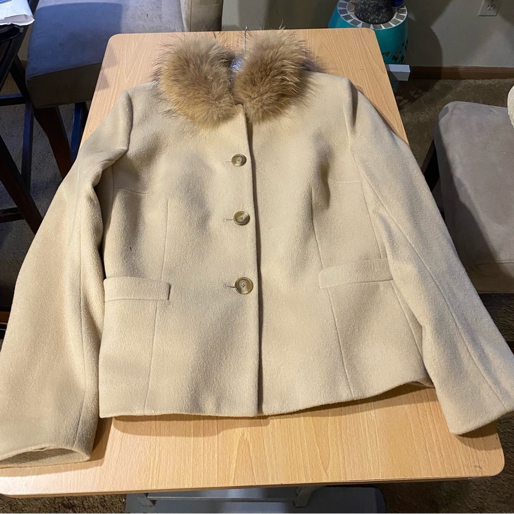 Ann Taylor tan coat with a real fur neckline